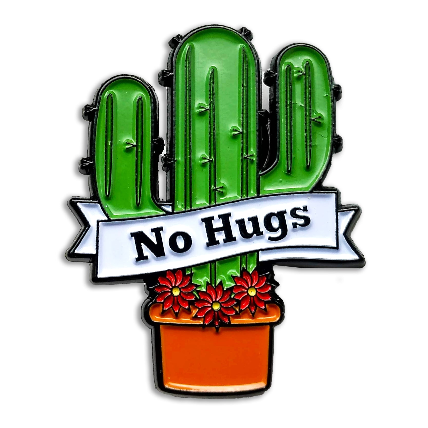 cactus enamel pin that says no hugs